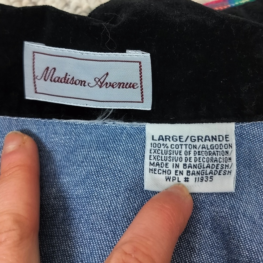 Vintage Denim Shirt Madison Avenue Cotton Velvet Trim Womens Large Blue Floral - Picture 7 of 8